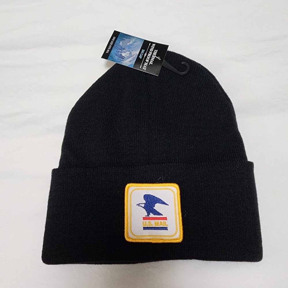 U.S. MAIL Patched Knit Cuffed Beanie in Black.